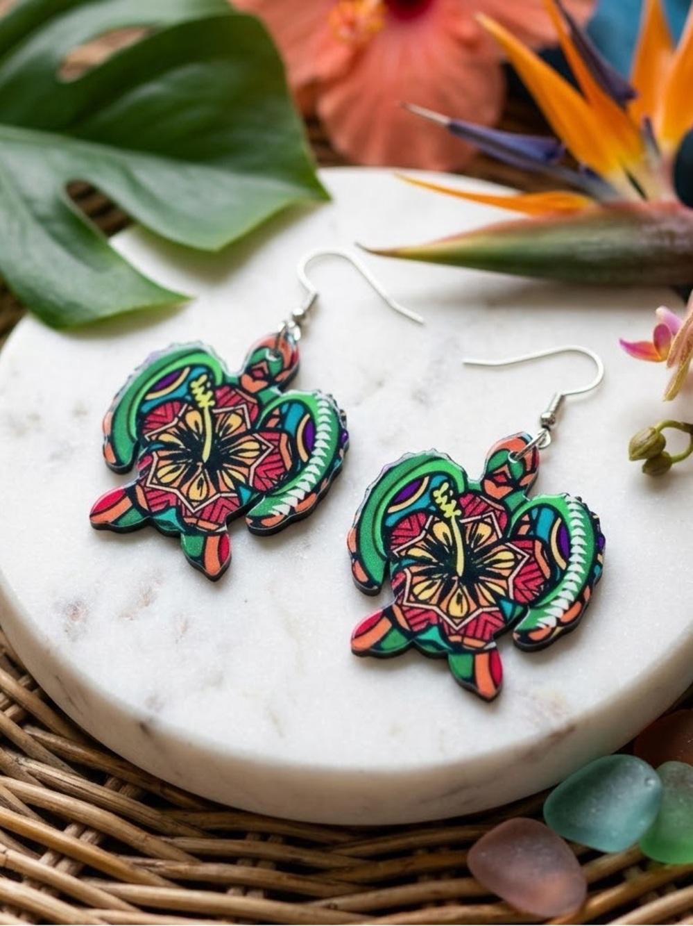 2/$30🌵 Sea Turtle Acrylic Hawaiian Tropical Floral Ocean Large NEW Jewelry Gift